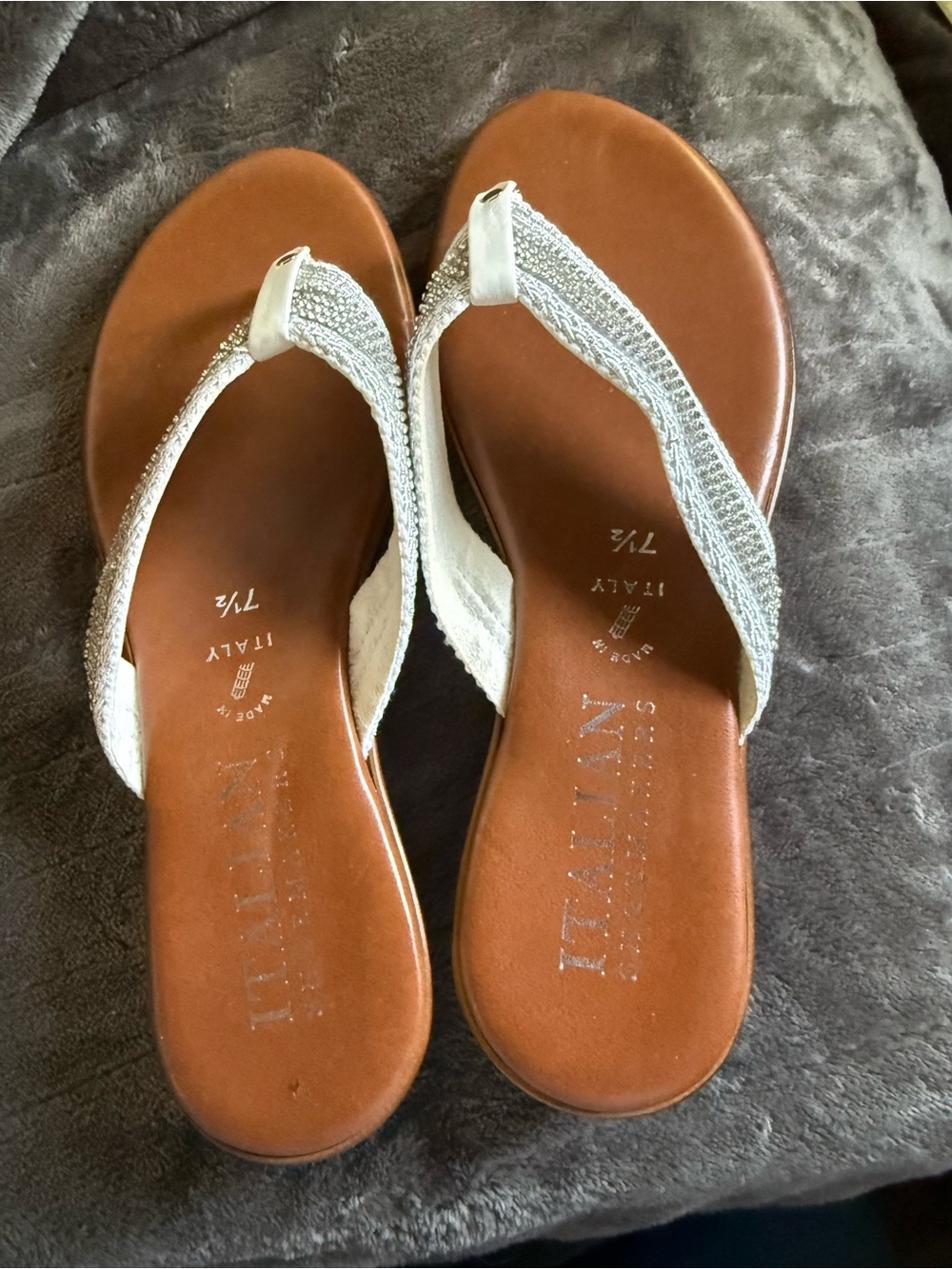 Italian Shoemakers Silver-Trim Brown Leather Thong Sandals